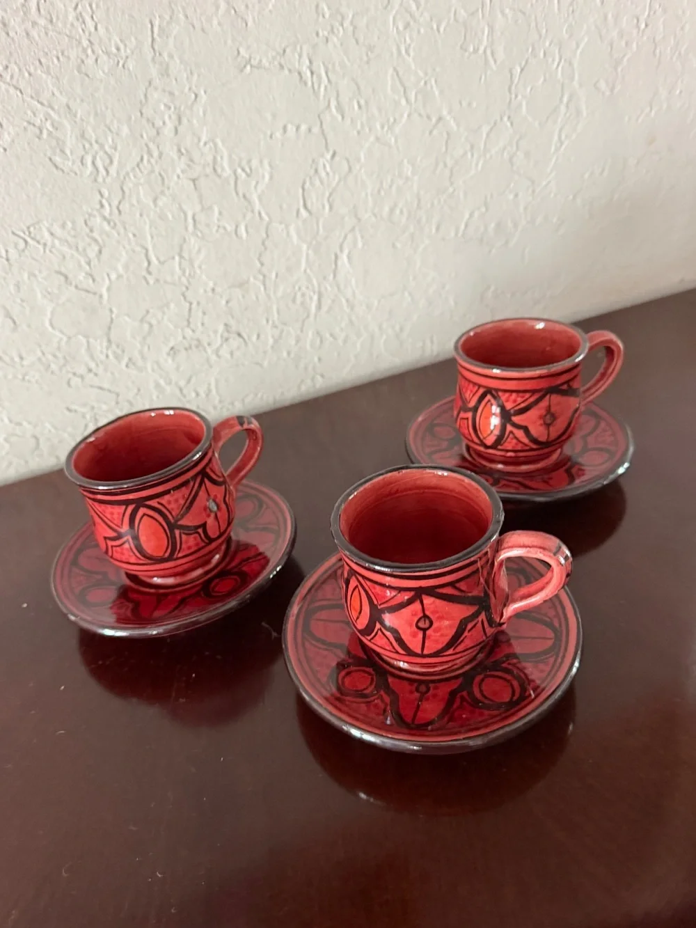 Moroccan Hand Painted Ceramic Espresso Demitasse Cups Saucers Set of 3